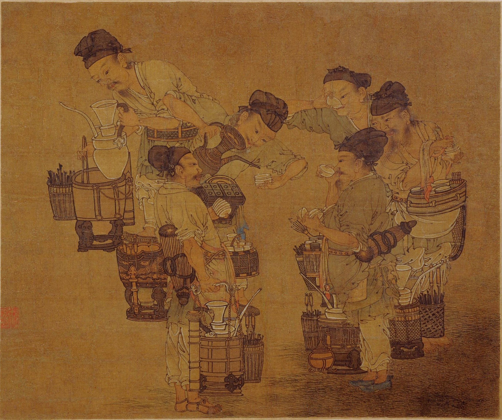 The Origins of Tea Southern Song dynasty tea vendors and customers competing in tea tasting, ink and color on silk